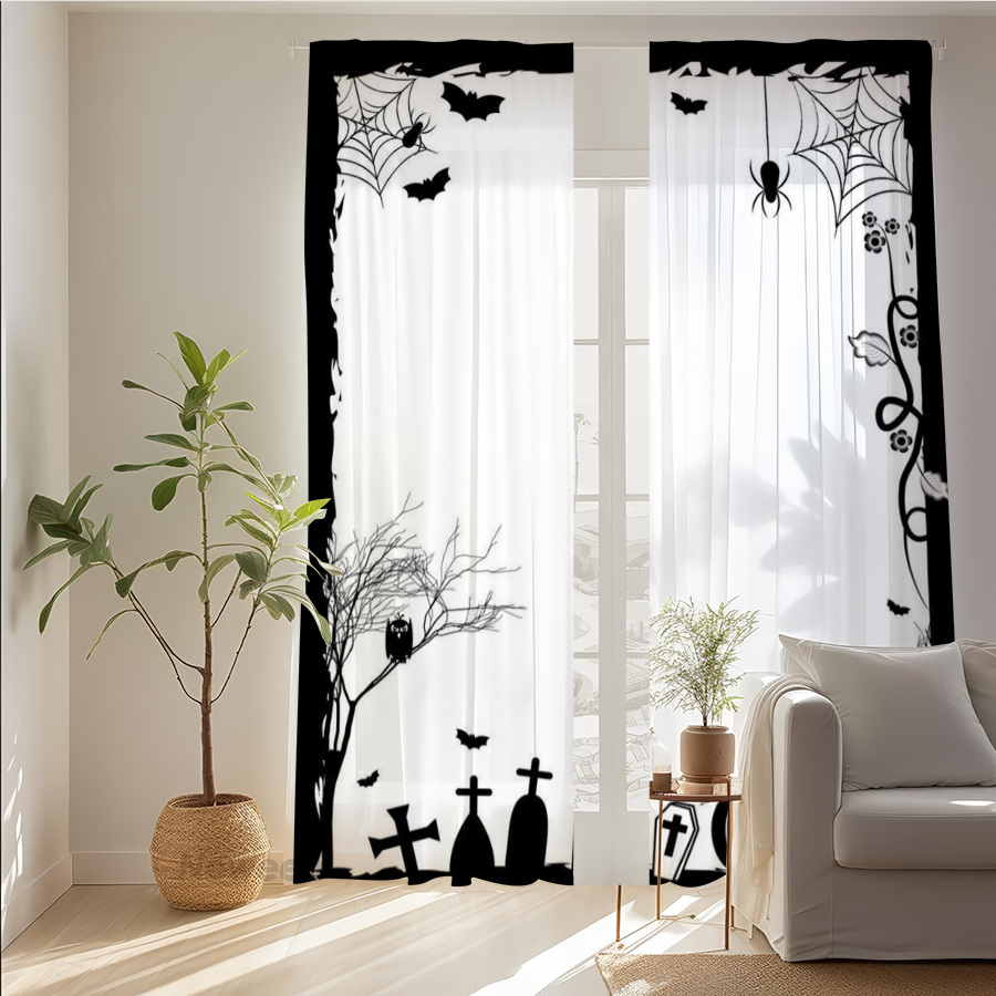 Spider Web Halloween Decoration - 2 Adet Dijital Baskı Şeffaf Perde,